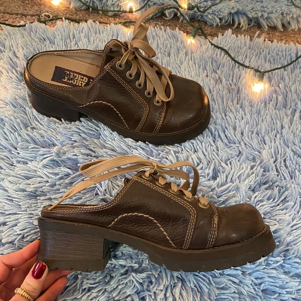 Vintage 90s backless lace up brown loafers
